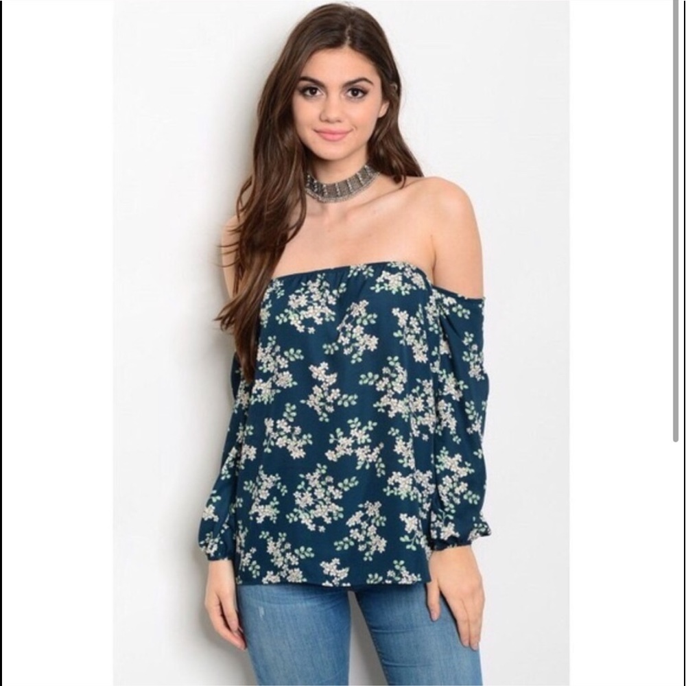 ❤️HOST PICK❤️ Teal Strapless Floral Blouse